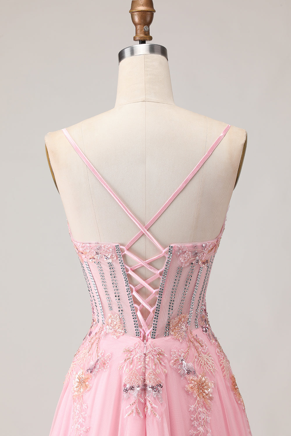 Sparkly Floral Pink A-Line Long Corset Prom Dress with Beading