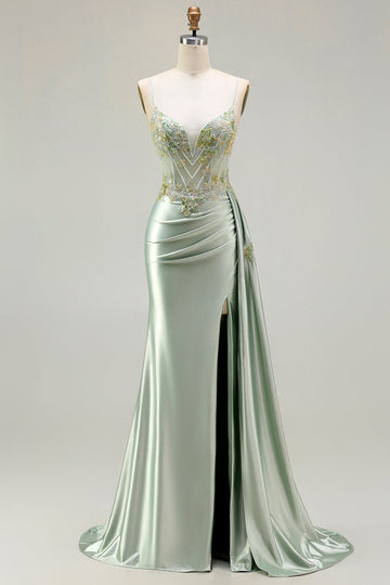 Sparkly Green Floral Mermaid Long Corset Prom Dress with Appliques