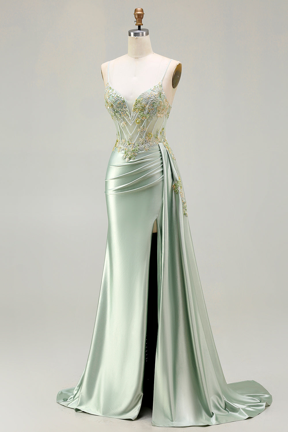 Sparkly Green Floral Mermaid Long Corset Prom Dress with Appliques