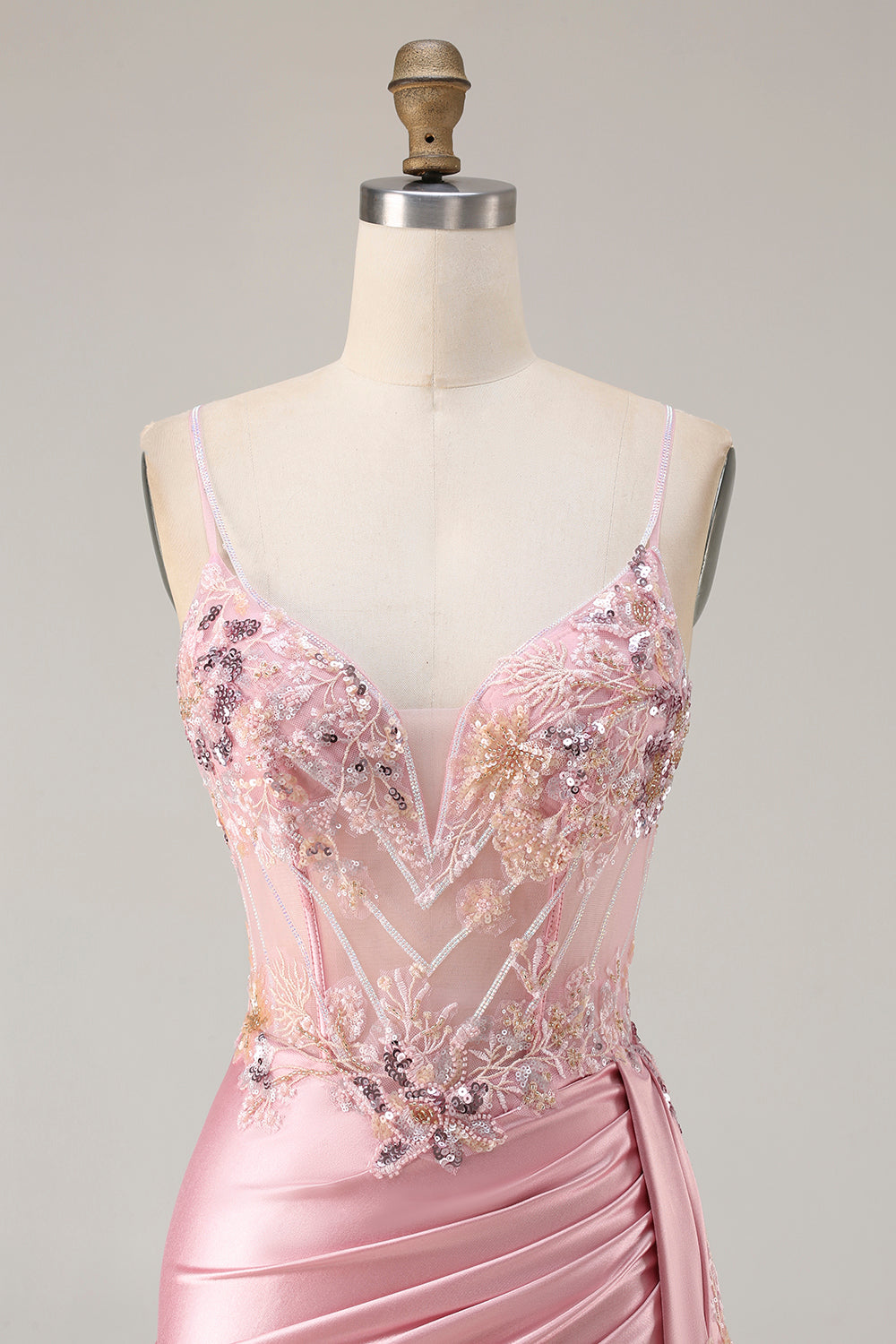 Sparkly Pink Floral Satin Mermaid Long Corset Prom Dress with Sequin