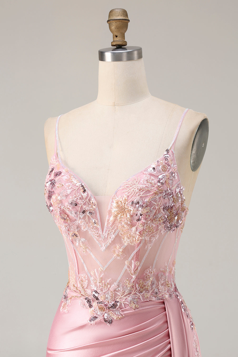 Sparkly Pink Floral Satin Mermaid Long Corset Prom Dress with Sequin