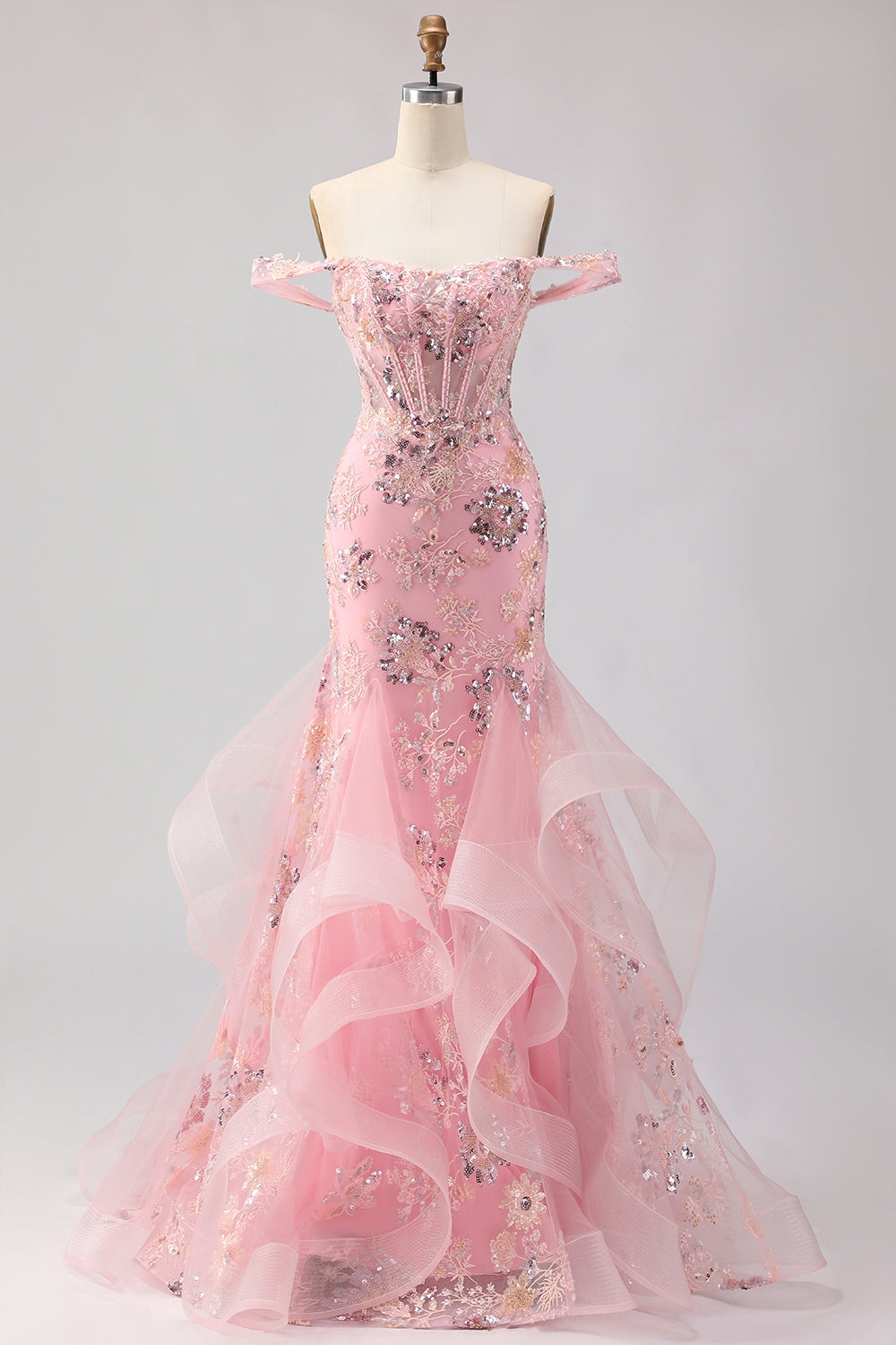Sparkly Floral Green Mermaid Long Corset Prom Dress with Ruffles