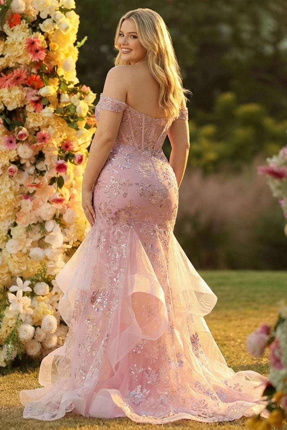 Sparkly Floral Blush Mermaid Ruffled Long Corset Prom Dress