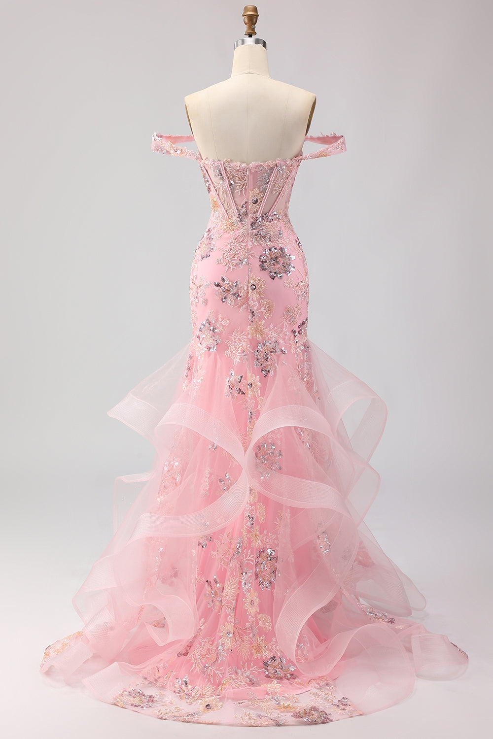 Sparkly Floral Blush Plus Size Mermaid Ruffled Long Corset Prom Dress