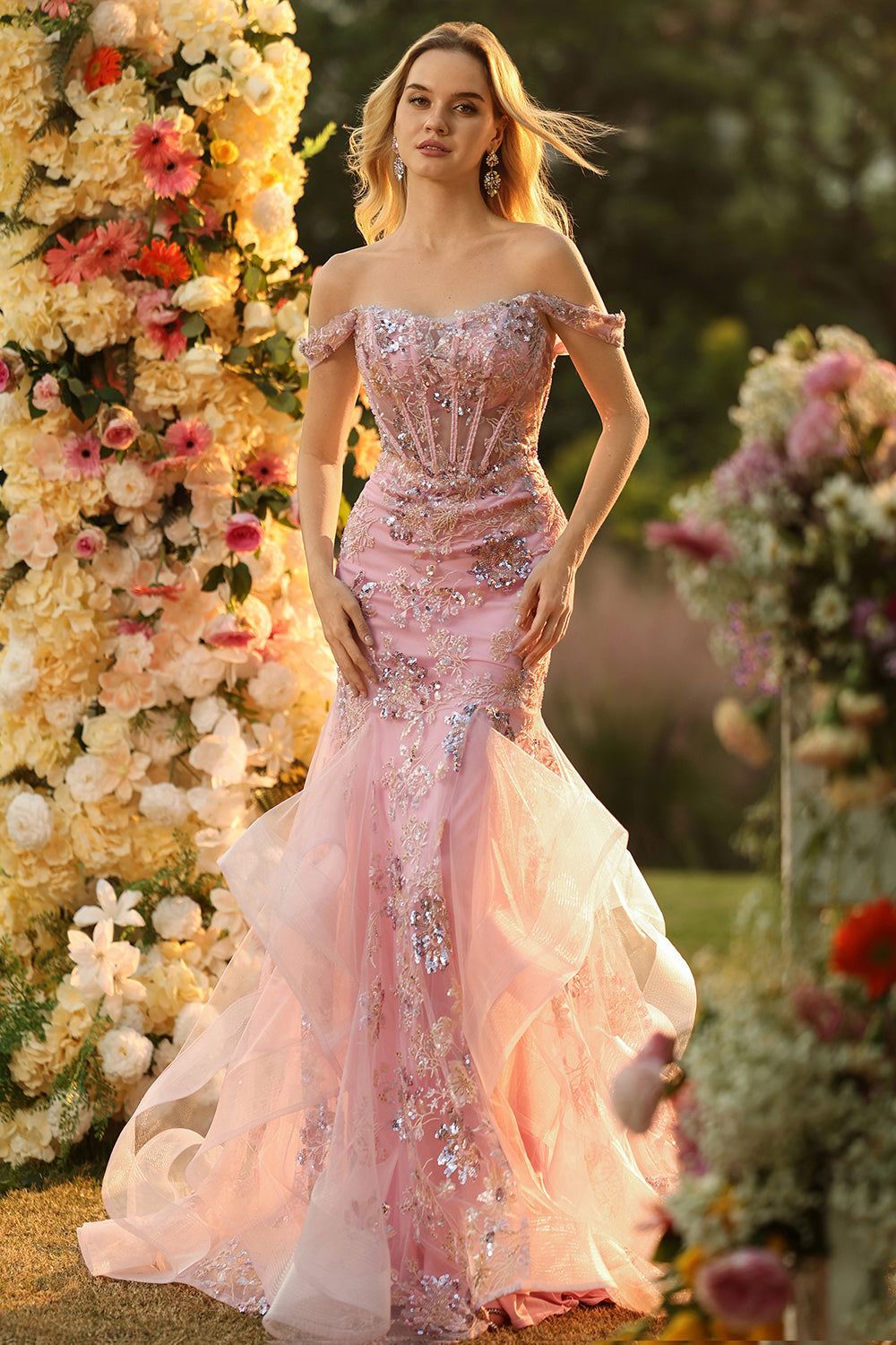 Sparkly Floral Green Mermaid Long Corset Prom Dress with Ruffles