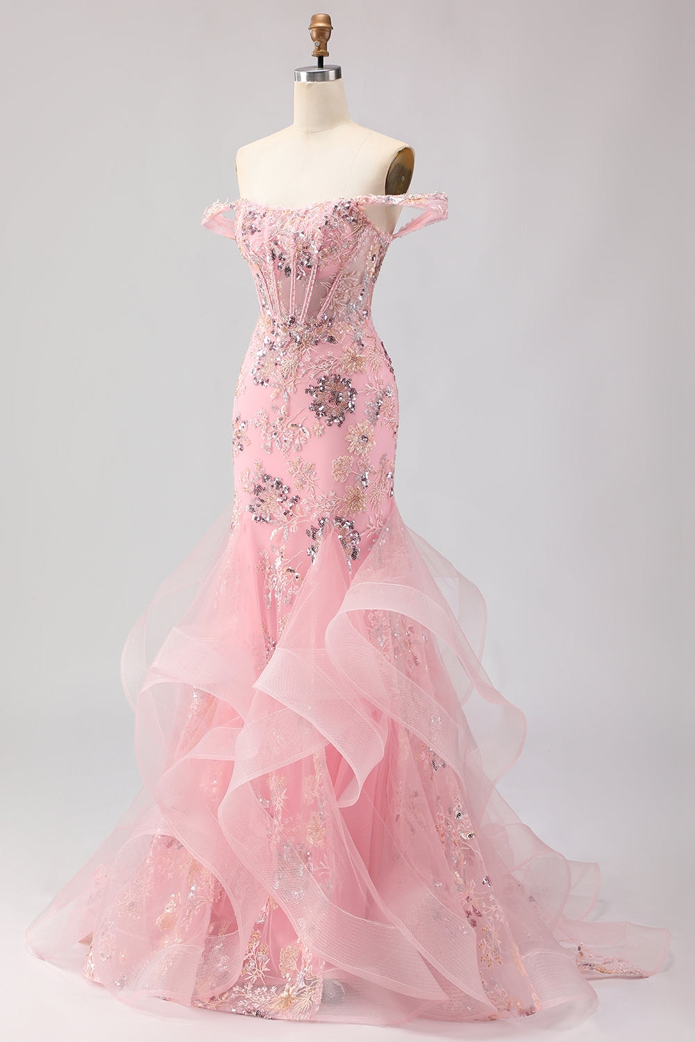Sparkly Floral Green Mermaid Long Corset Prom Dress with Ruffles