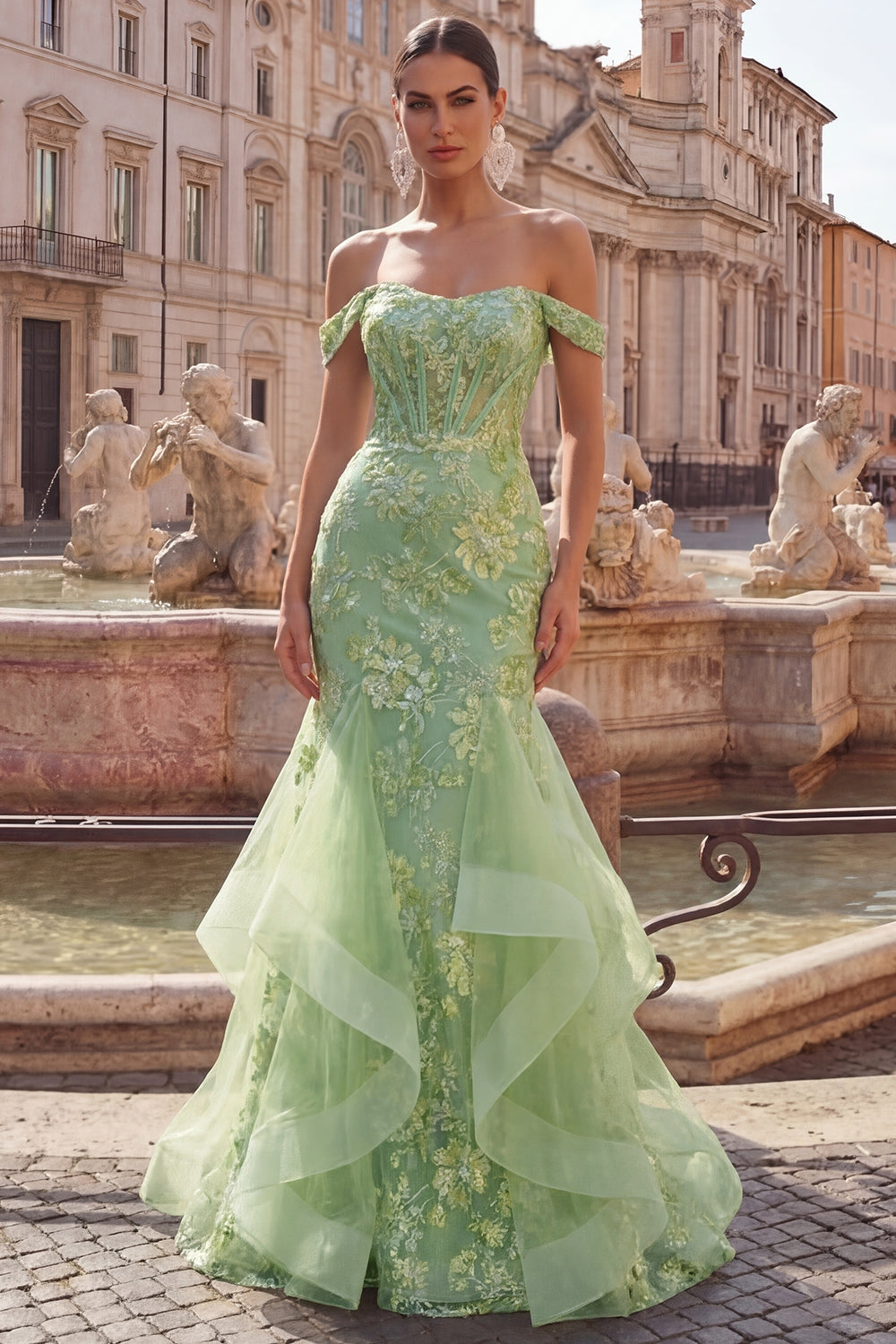 Sparkly Floral Blush Plus Size Mermaid Ruffled Long Corset Prom Dress