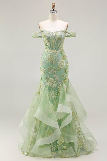 Sparkly Floral Green Mermaid Long Corset Prom Dress with Ruffles