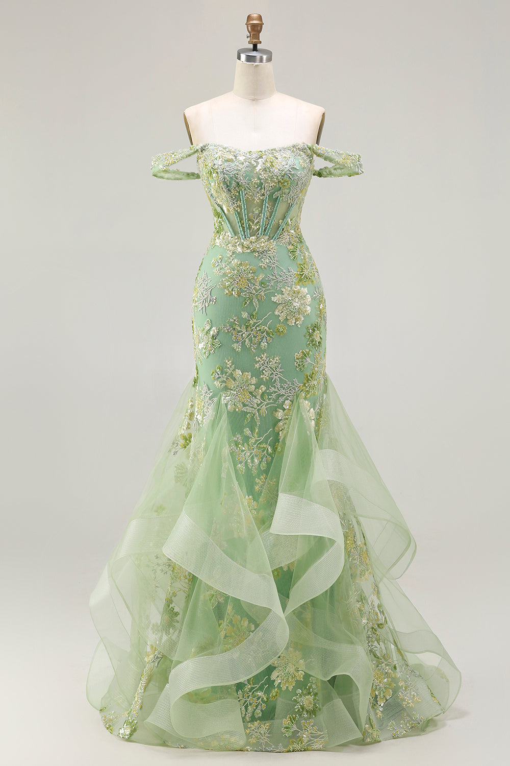Sparkly Floral Blush Plus Size Mermaid Ruffled Long Corset Prom Dress