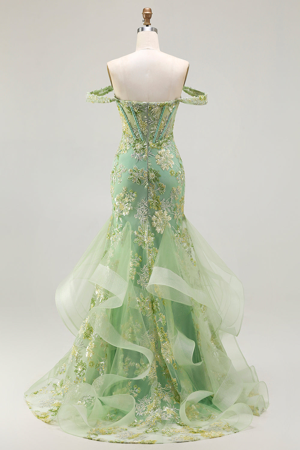 Sparkly Floral Blush Plus Size Mermaid Ruffled Long Corset Prom Dress