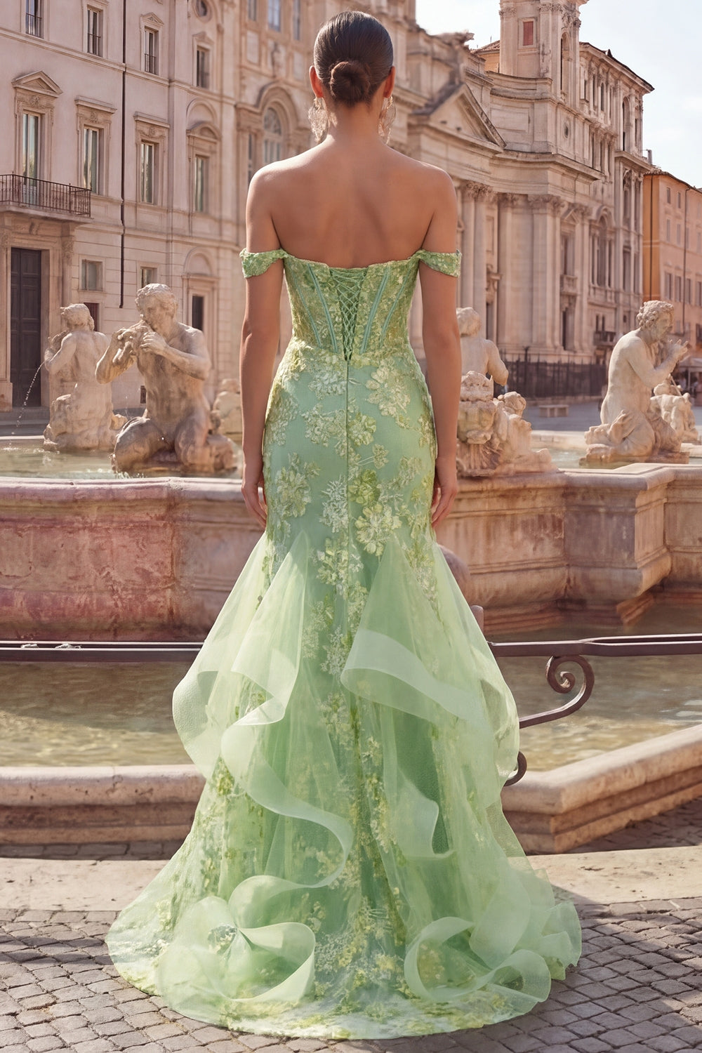 Sparkly Floral Blush Plus Size Mermaid Ruffled Long Corset Prom Dress