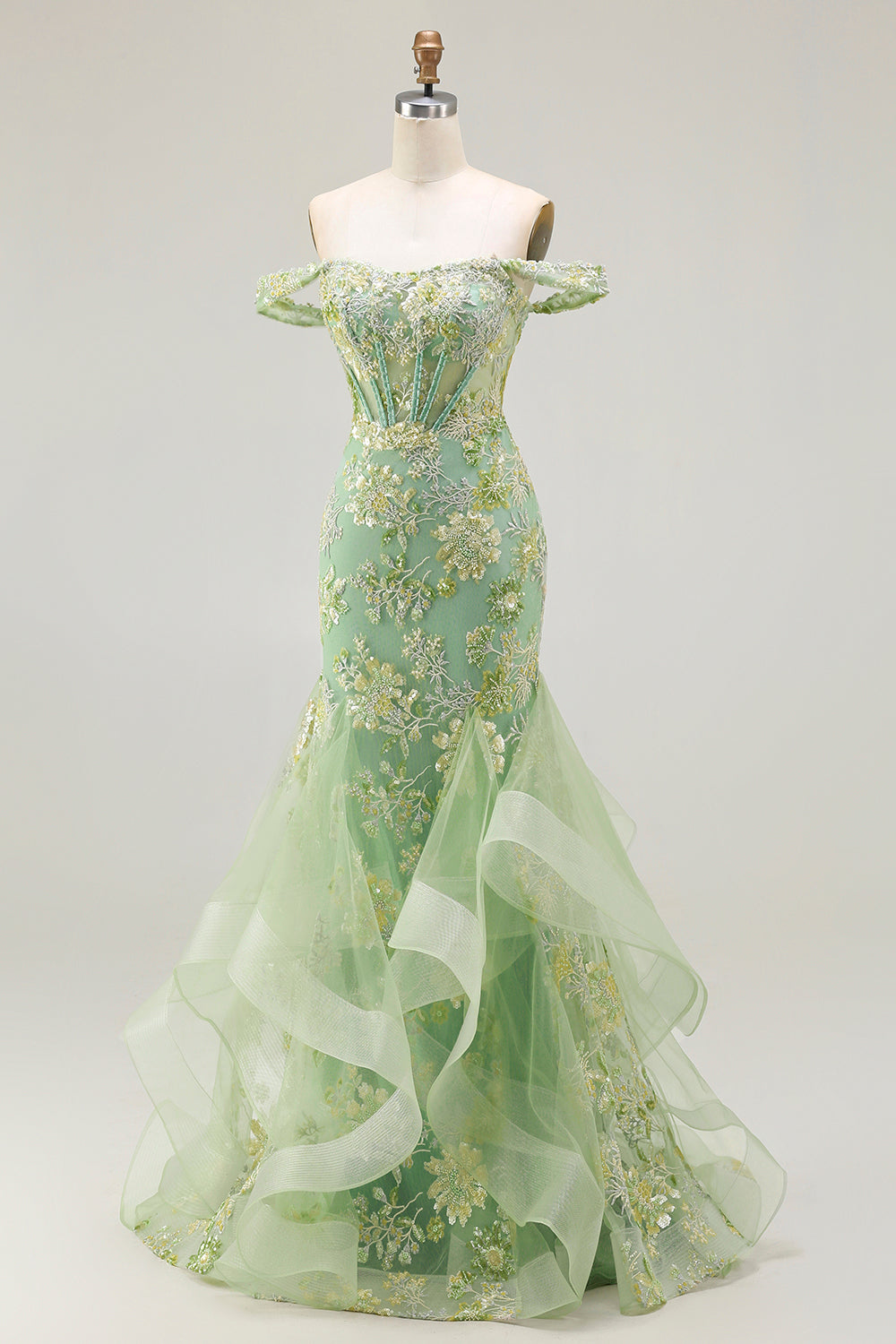 Sparkly Floral Blush Mermaid Ruffled Long Corset Prom Dress