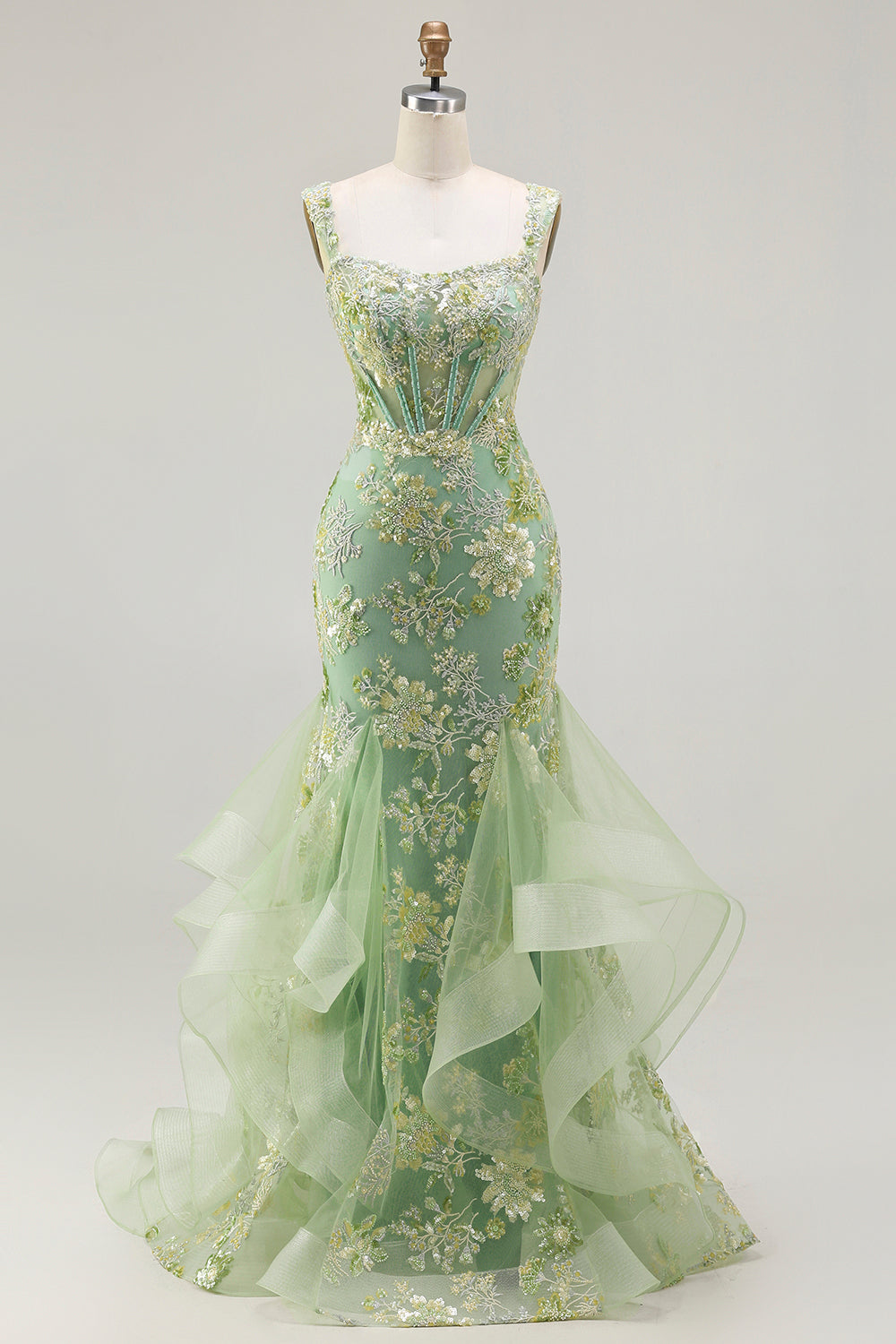 Sparkly Floral Blush Mermaid Ruffled Long Corset Prom Dress