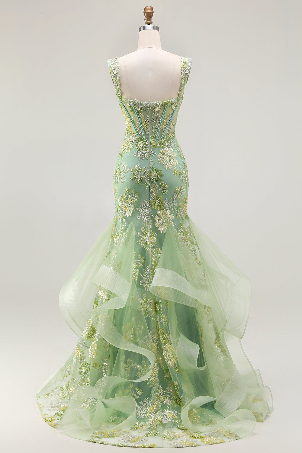 Sparkly Floral Blush Plus Size Mermaid Ruffled Long Corset Prom Dress