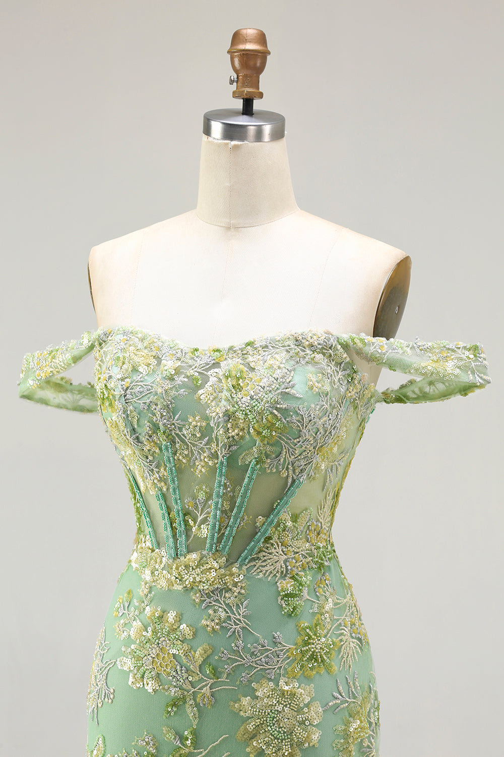 Sparkly Floral Green Mermaid Long Corset Prom Dress with Ruffles
