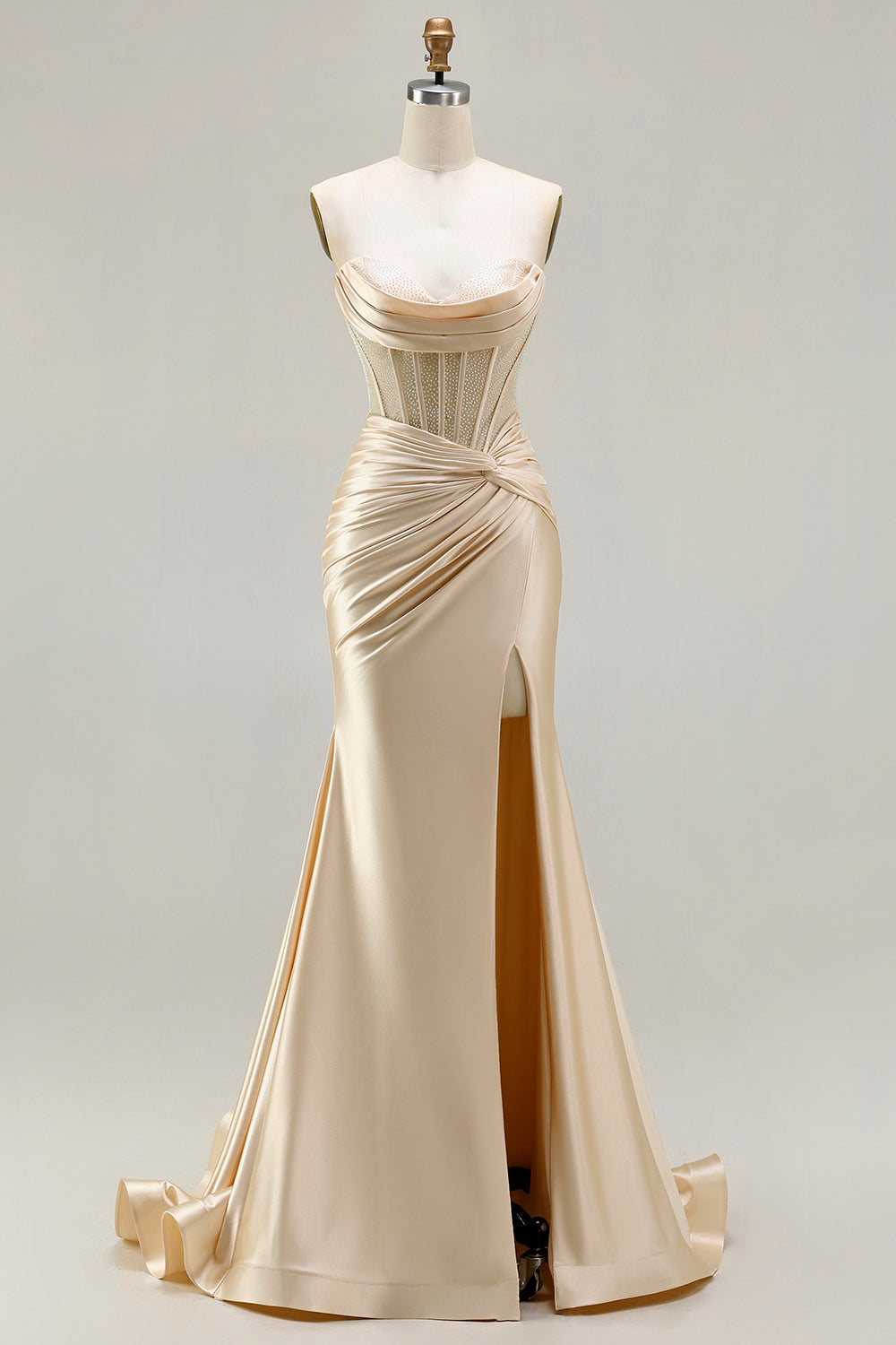 Burgundy Satin Mermaid Long Corset Prom Dress with Slit
