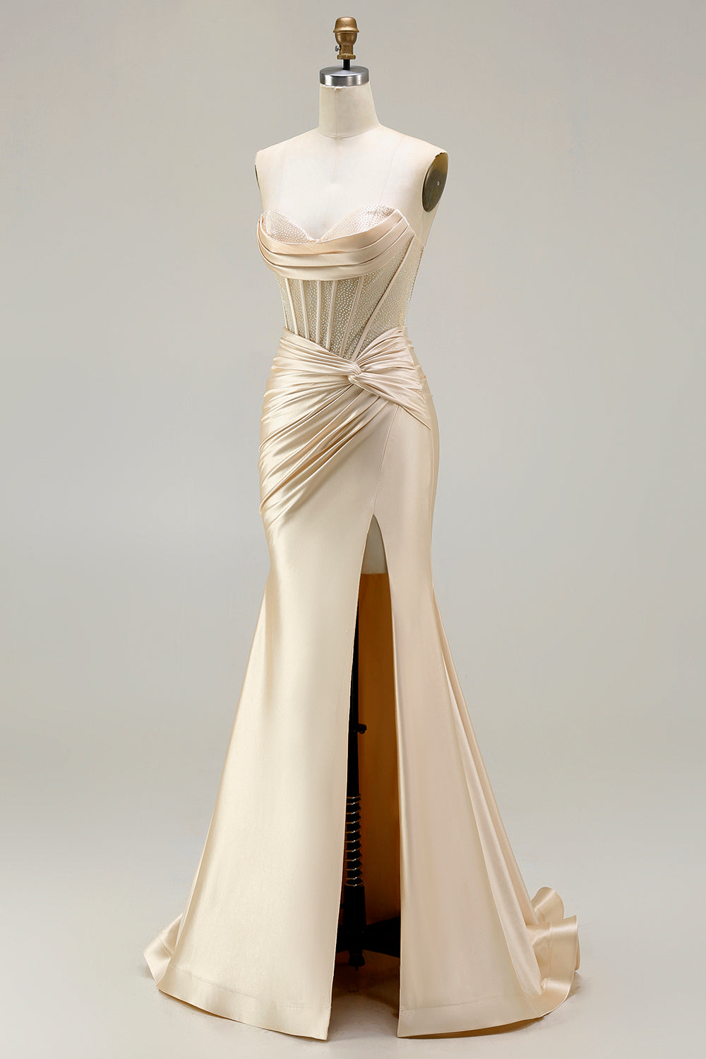 Burgundy Satin Mermaid Long Corset Prom Dress with Slit