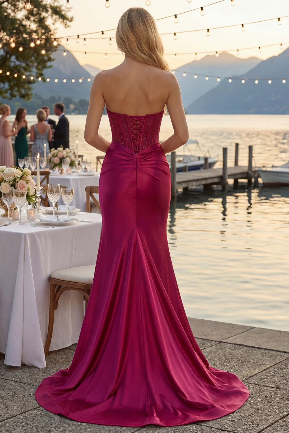 Burgundy Satin Mermaid Long Corset Prom Dress with Slit