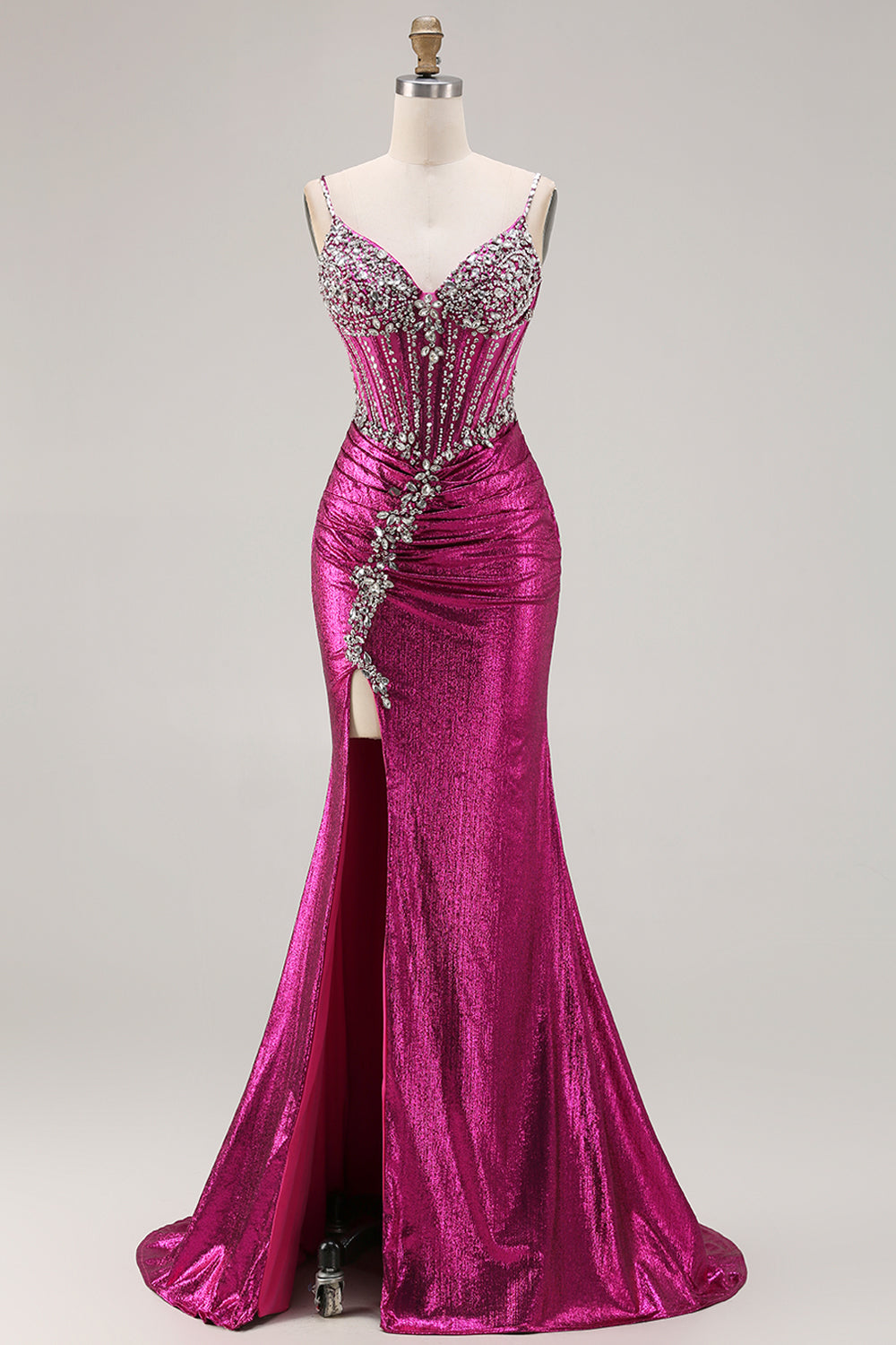 Sparkly Golden Metallic Mermaid Long Corset Prom Dress with Slit
