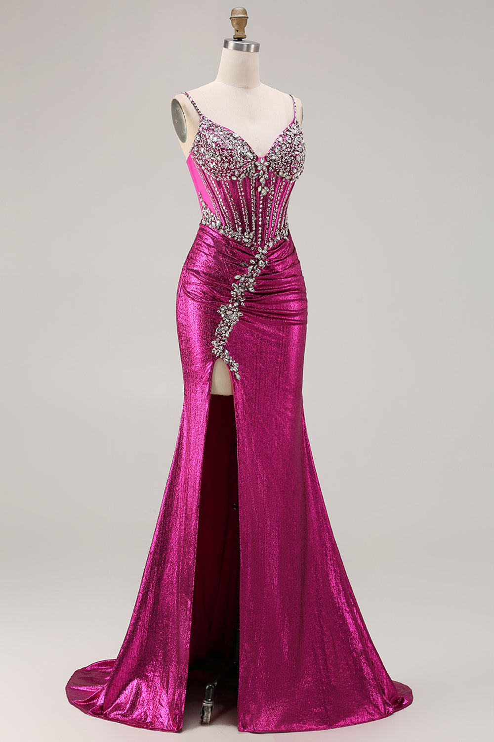 Sparkly Golden Metallic Mermaid Long Corset Prom Dress with Slit
