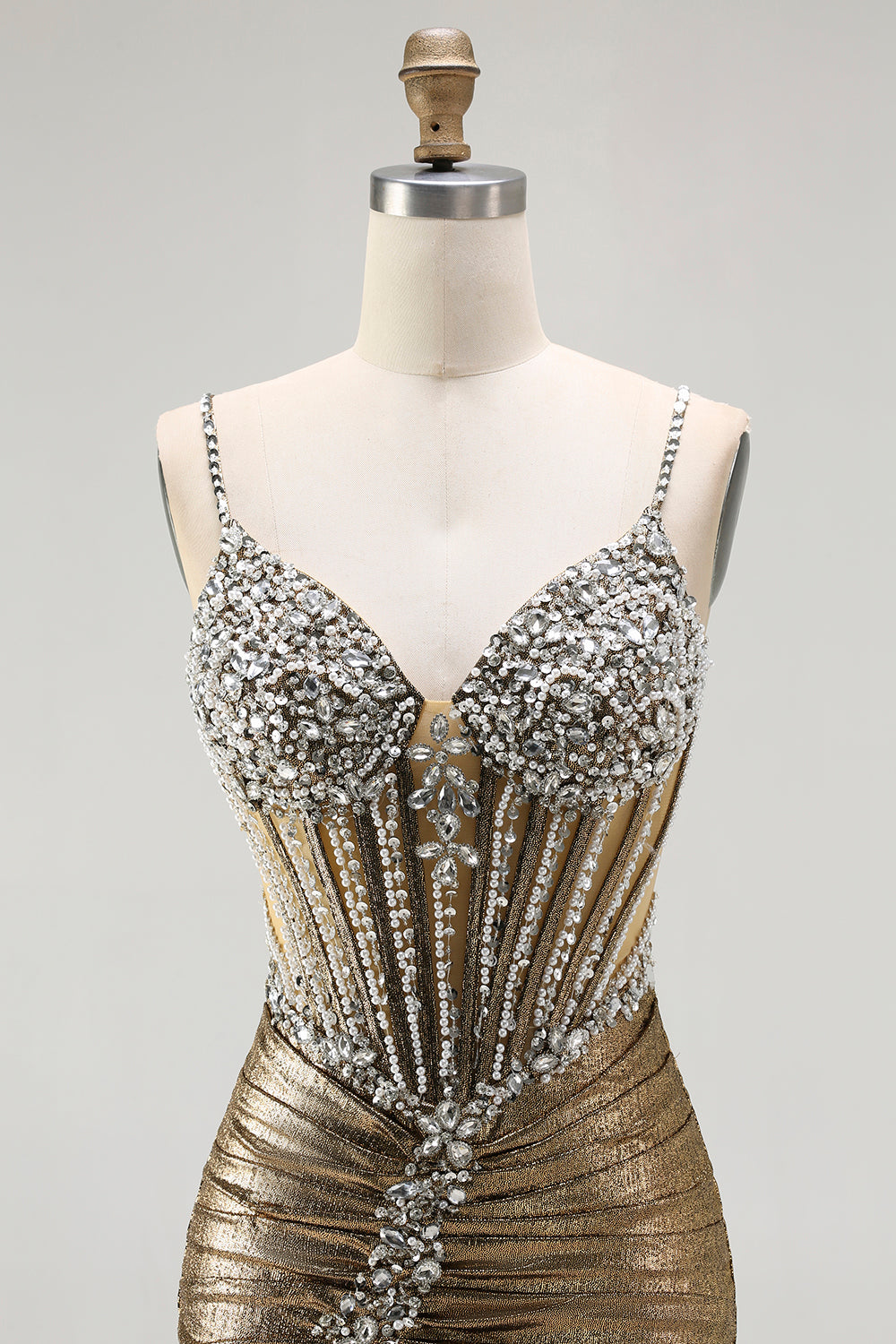 Sparkly Golden Metallic Mermaid Long Corset Prom Dress with Slit
