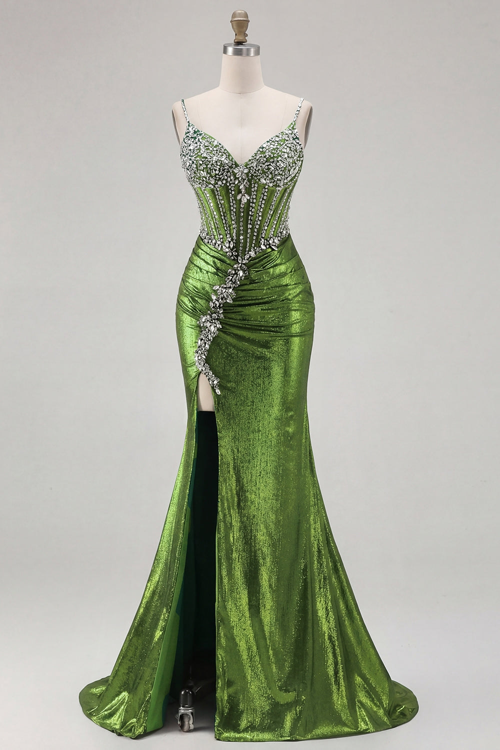 Sparkly Golden Metallic Mermaid Long Corset Prom Dress with Slit