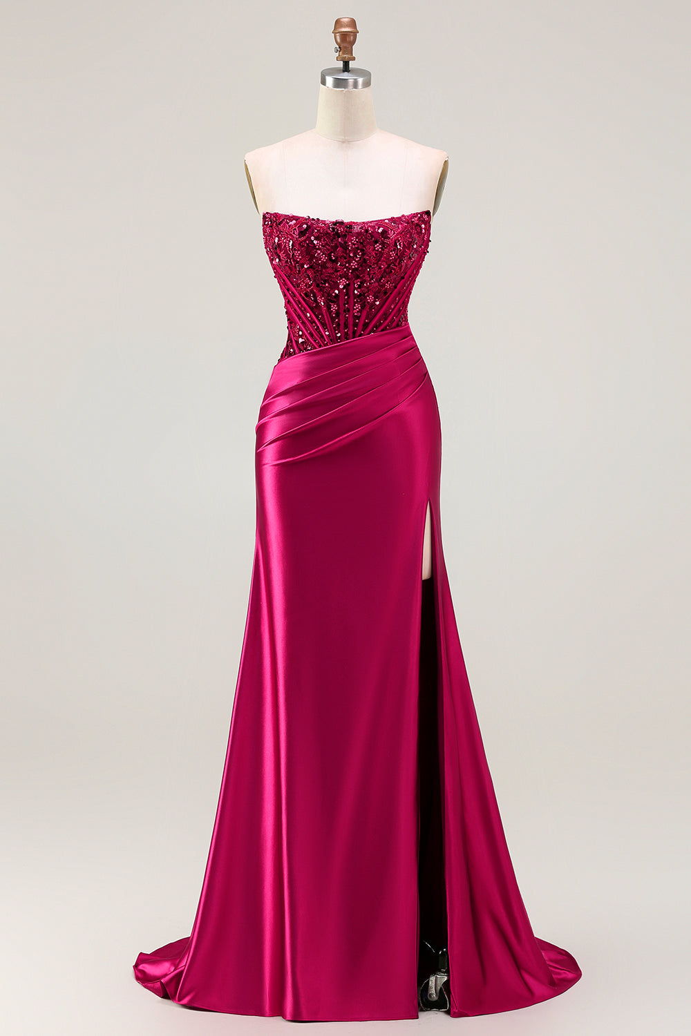 Sparkly Burgundy Mermaid Beaded Long Corset Prom Dress with Slit