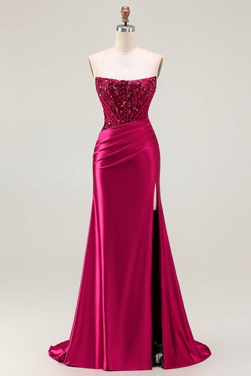 Sparkly Burgundy Mermaid Beaded Long Corset Prom Dress with Slit
