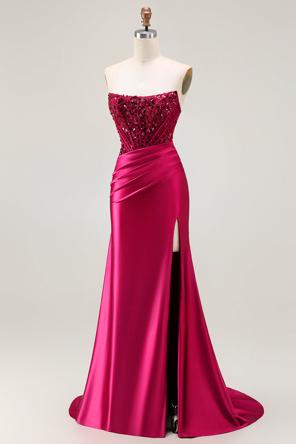 Sparkly Burgundy Mermaid Beaded Long Corset Prom Dress with Slit