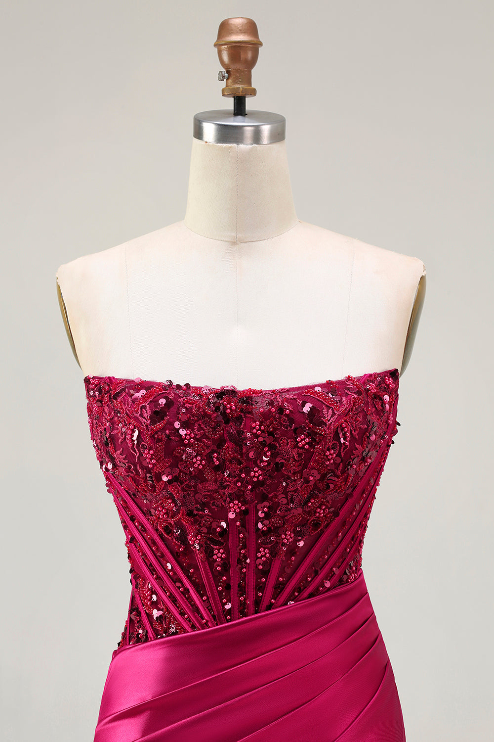 Sparkly Burgundy Mermaid Beaded Long Corset Prom Dress with Slit
