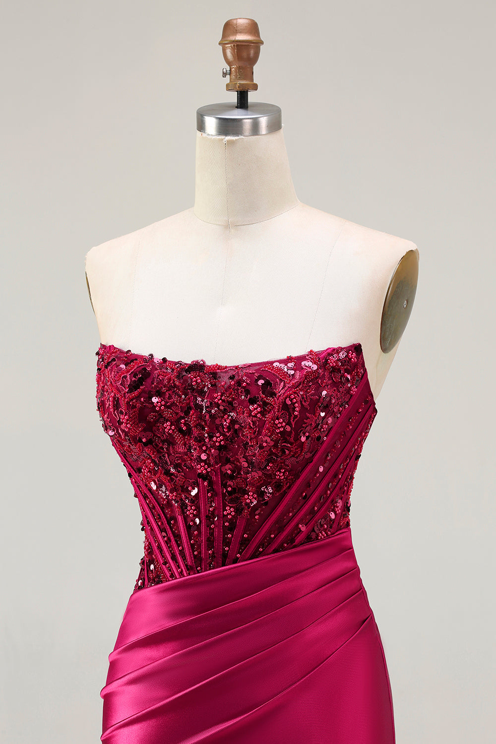 Sparkly Burgundy Mermaid Beaded Long Corset Prom Dress with Slit