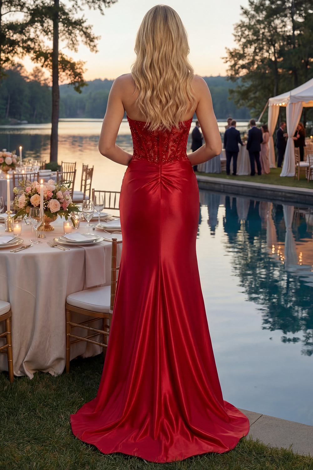 Sparkly Red Appliqued Strapless Mermaid Corset Long Prom Dress with Slit