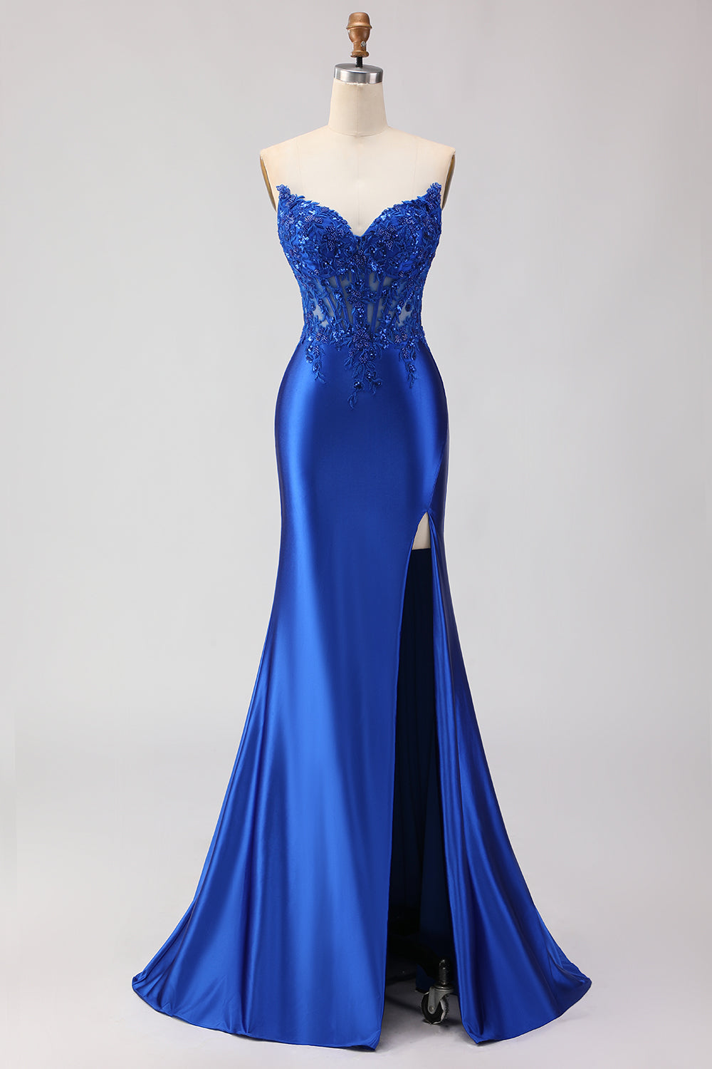 Sparkly Red Appliqued Strapless Mermaid Corset Long Prom Dress with Slit