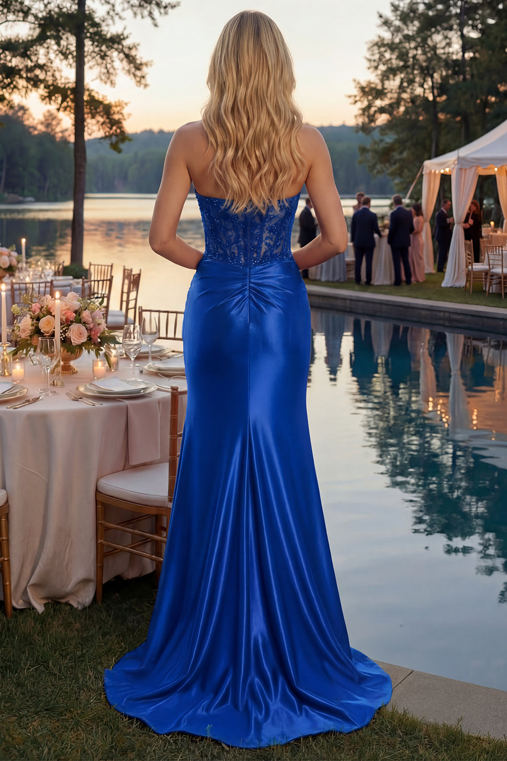Sparkly Red Appliqued Strapless Mermaid Corset Long Prom Dress with Slit