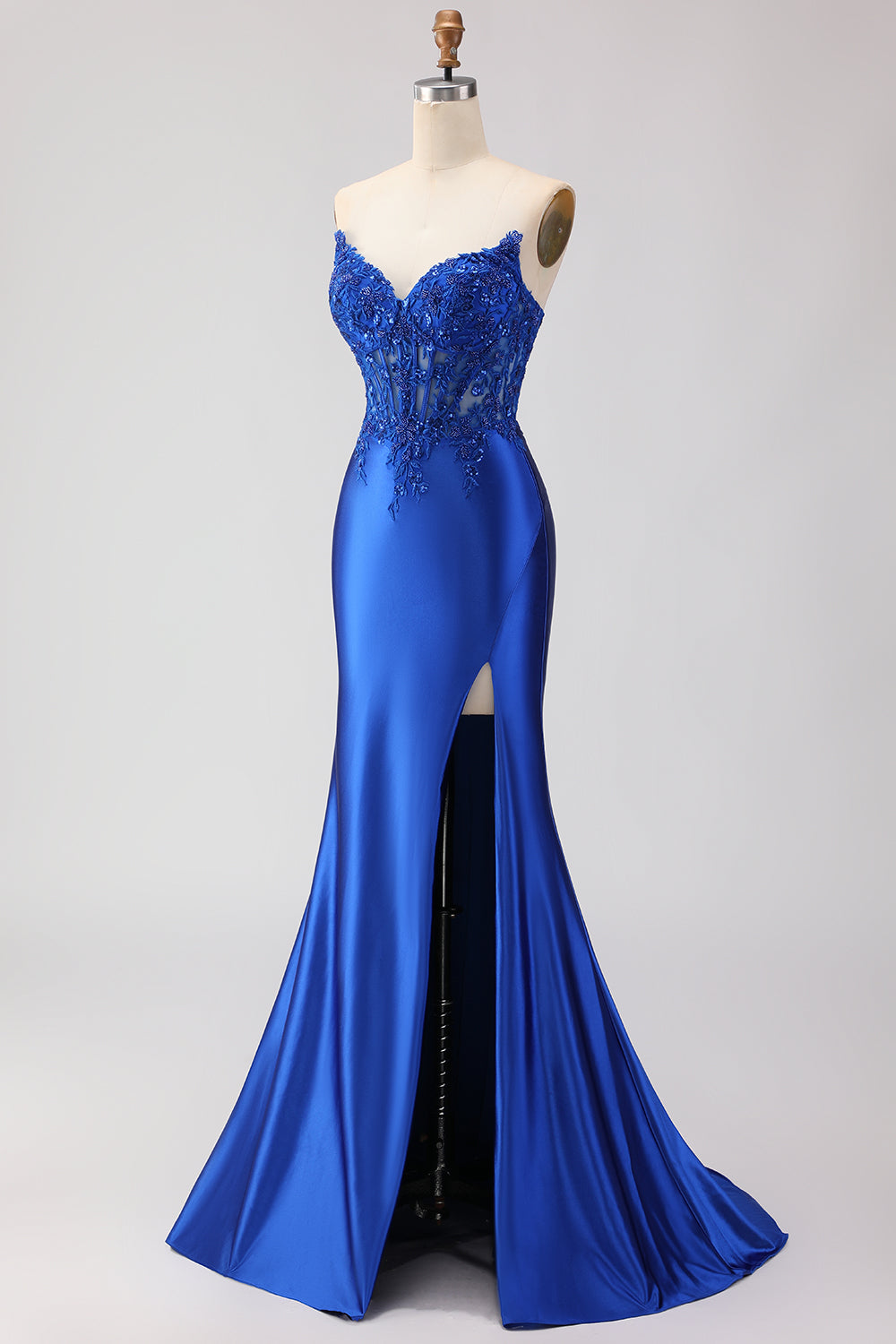 Sparkly Red Appliqued Strapless Mermaid Corset Long Prom Dress with Slit