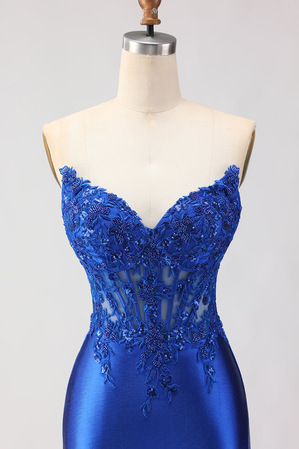 Sparkly Red Appliqued Strapless Mermaid Corset Long Prom Dress with Slit