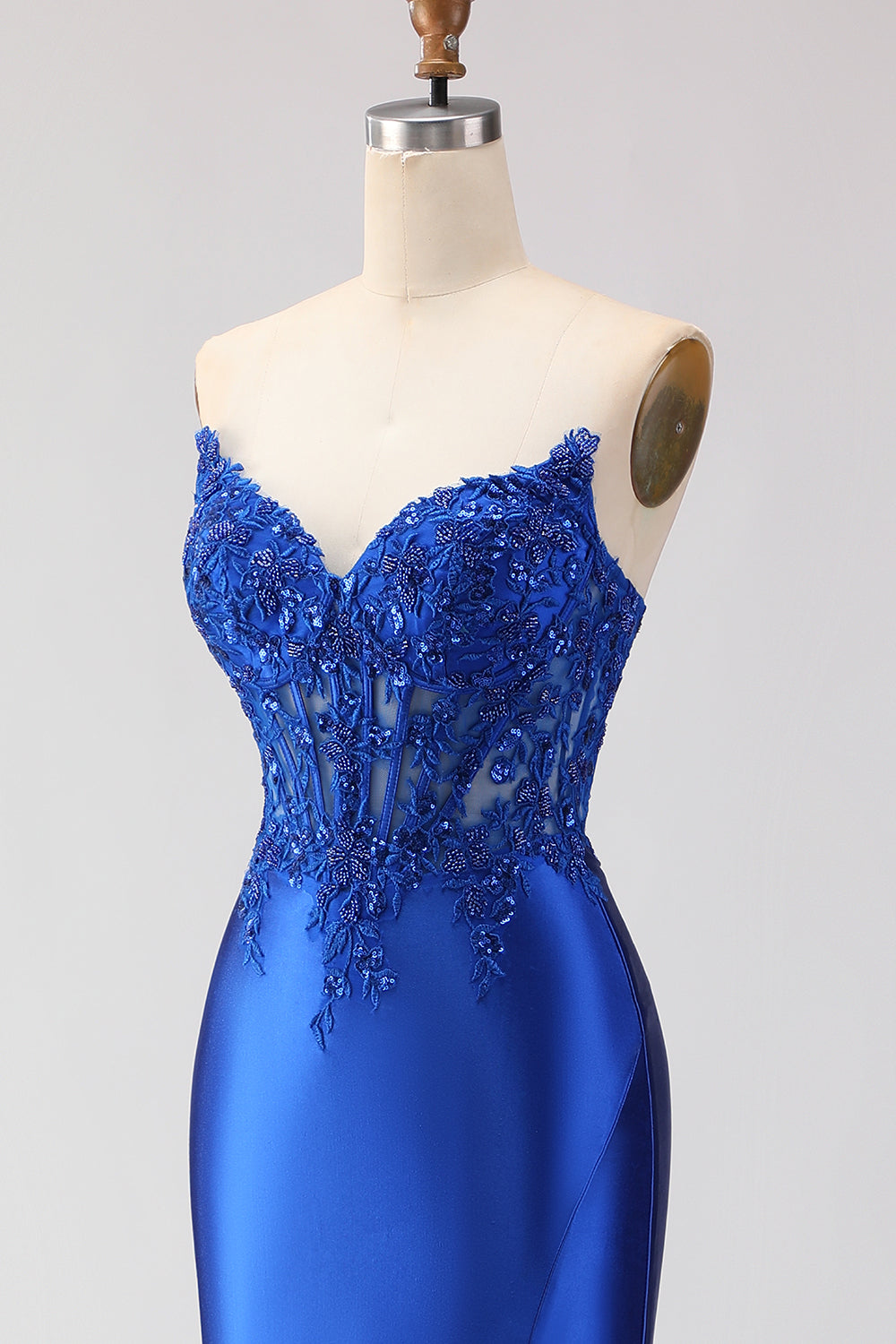 Sparkly Red Appliqued Strapless Mermaid Corset Long Prom Dress with Slit