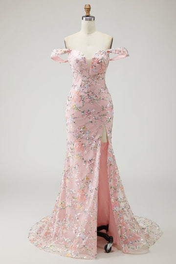 Blush Floral Mermaid Long Prom Dress with Embroidery