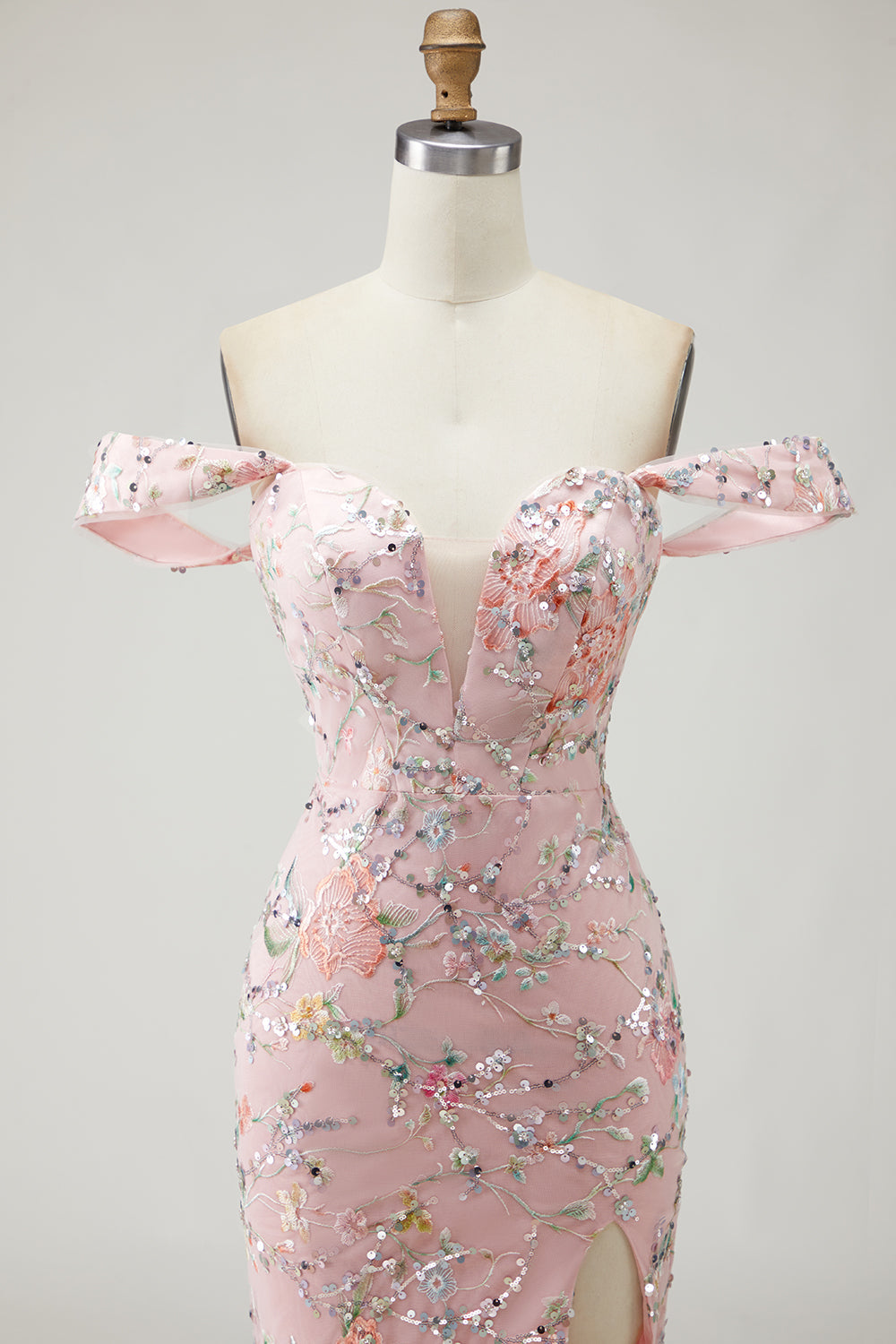 Blush Floral Mermaid Long Prom Dress with Embroidery