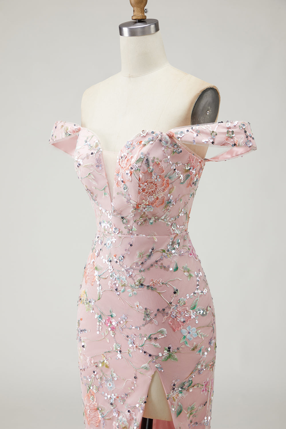 Blush Floral Mermaid Long Prom Dress with Embroidery