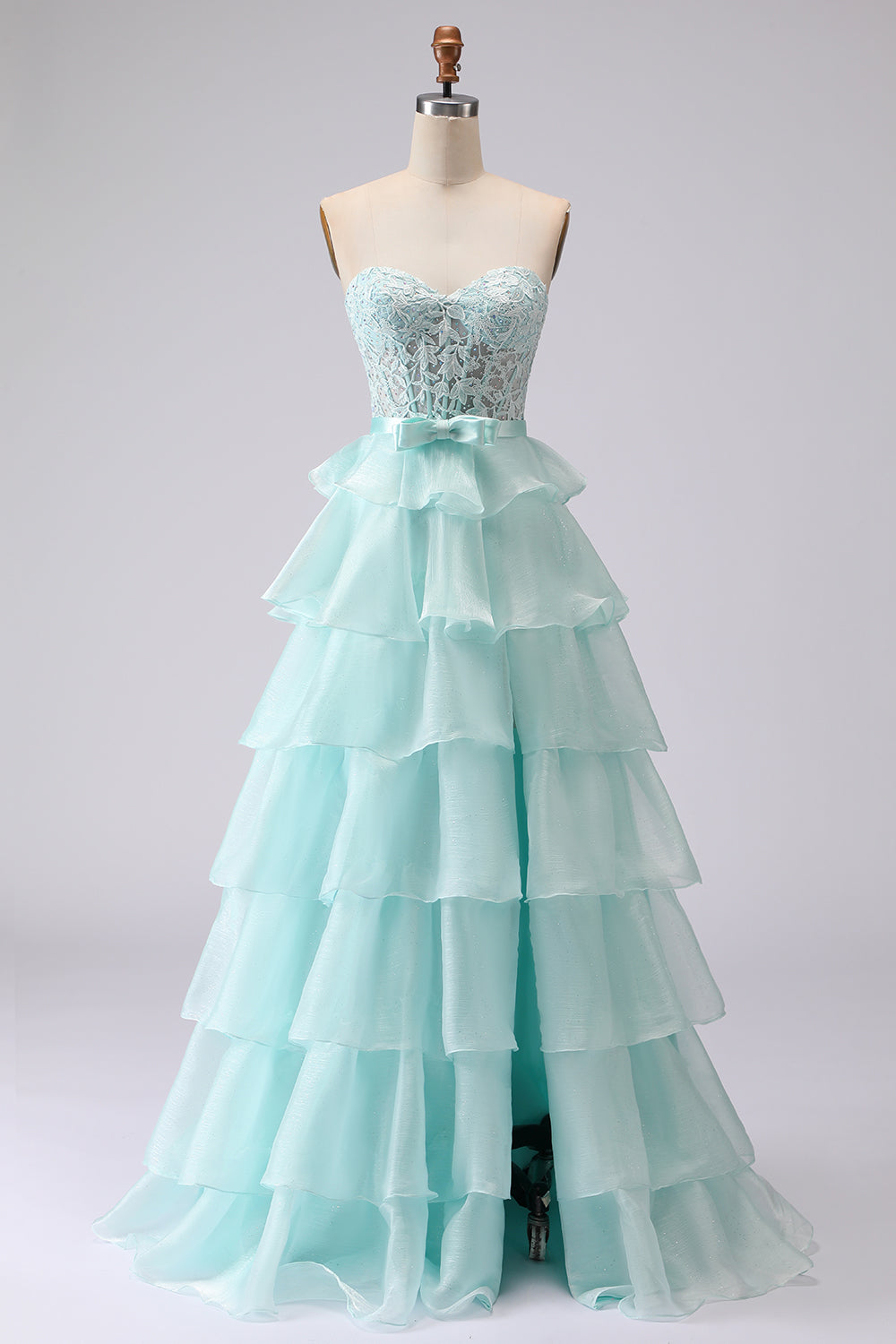 Pink Sweetheart A Line Ruffled Long Corset Prom Dress with Slit