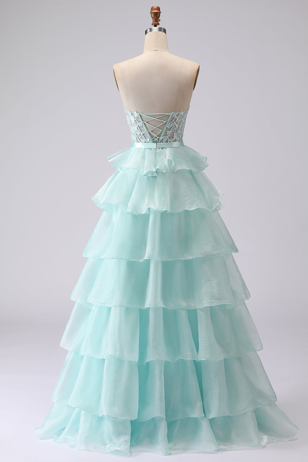 Pink Sweetheart A Line Ruffled Long Corset Prom Dress with Slit