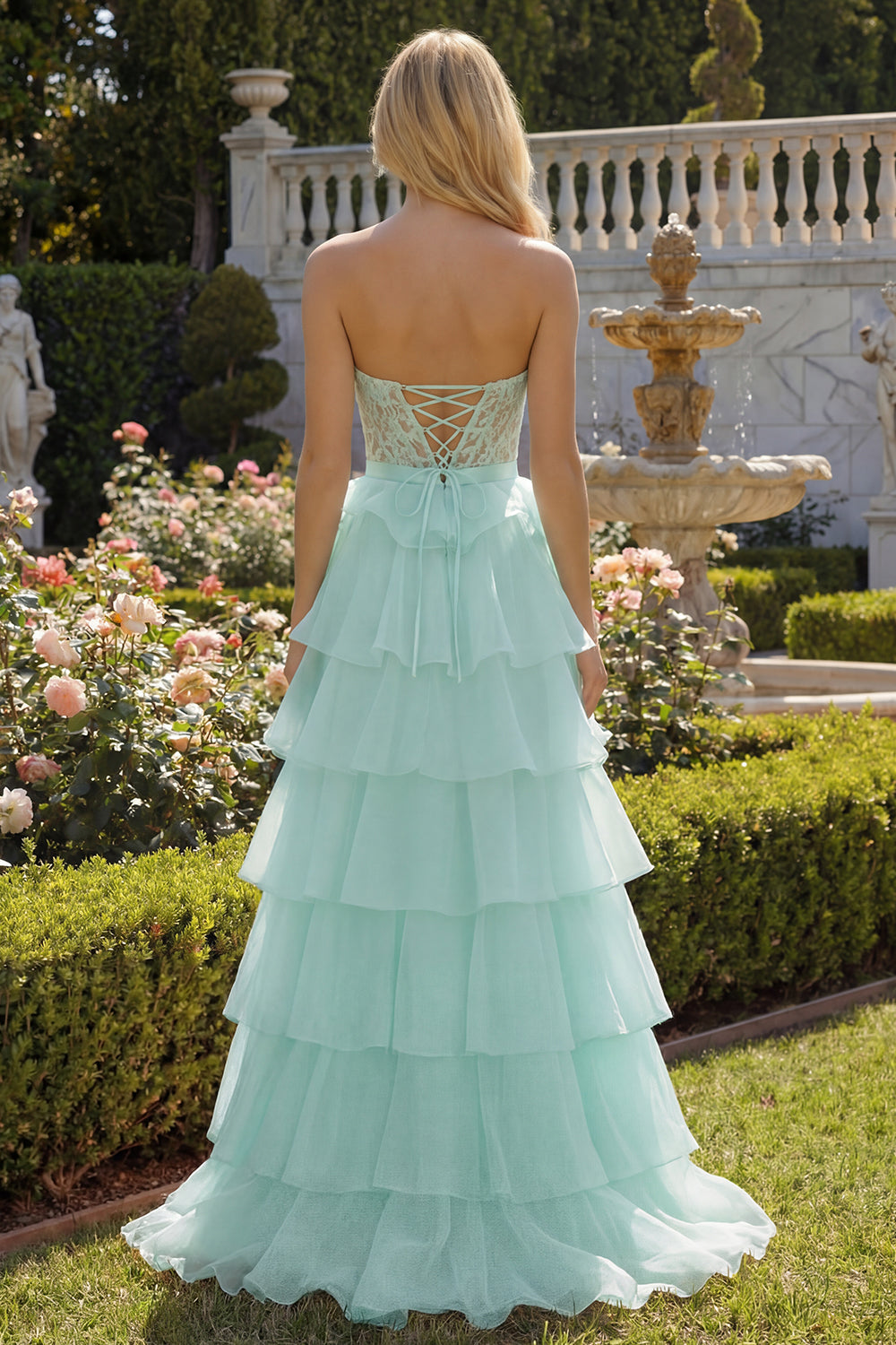 Pink Sweetheart A Line Ruffled Long Corset Prom Dress with Slit