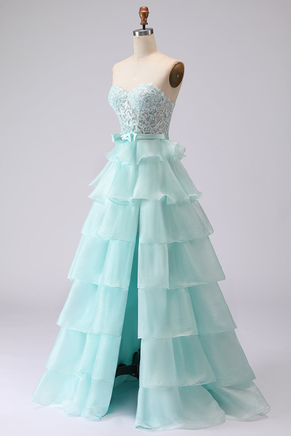 Green A Line Tiered Sweetheart Long Corset Prom Dress with Slit
