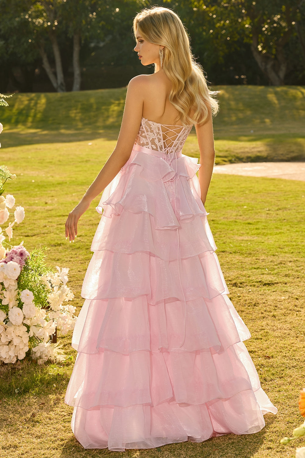 Pink Sweetheart A Line Ruffled Long Corset Prom Dress with Slit
