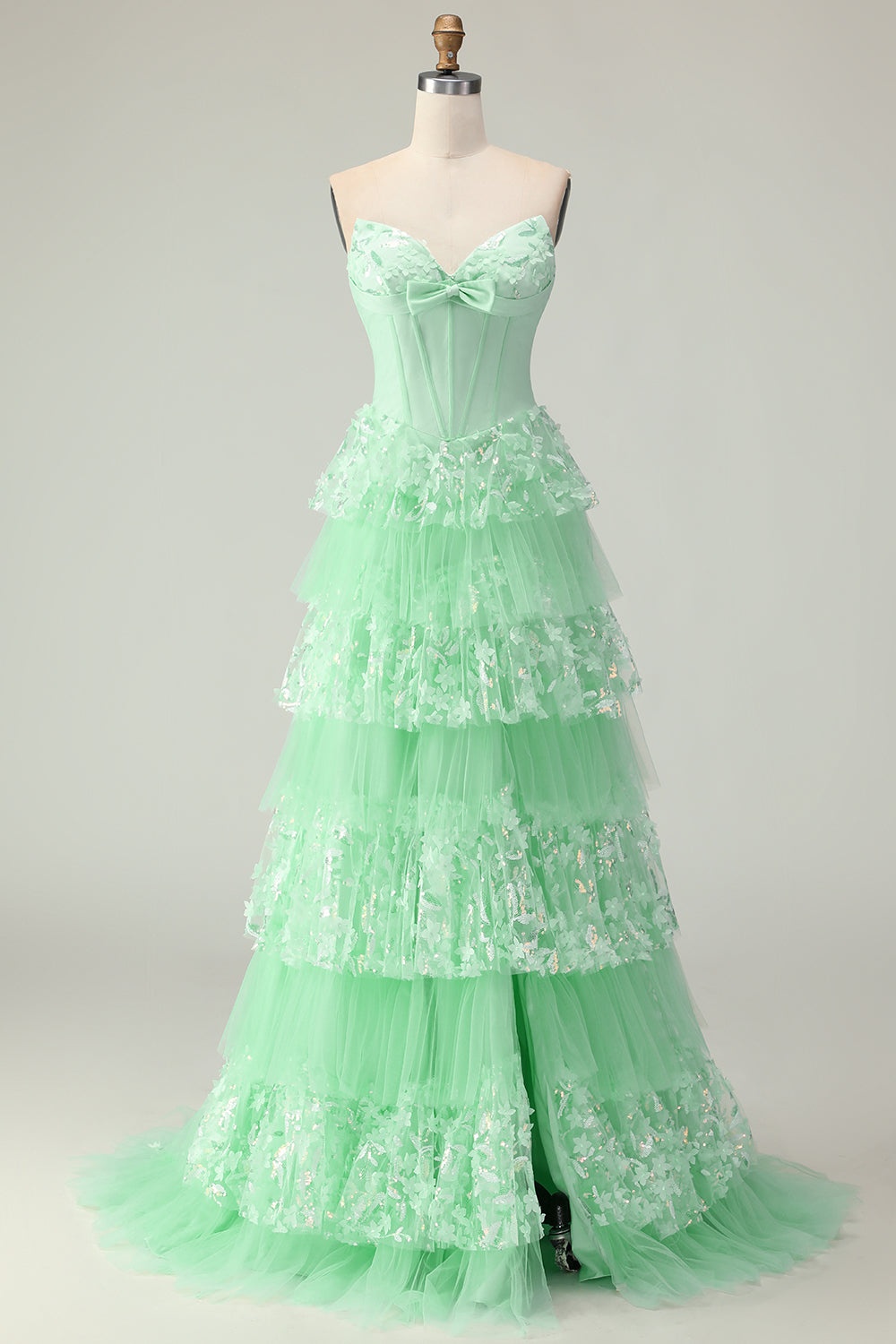 Green Strapless Ruffled Corset Long Prom Dress with Bow