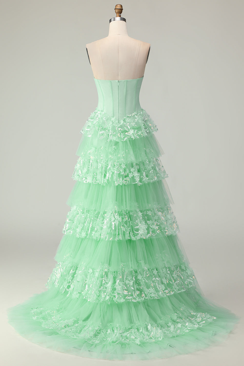 Green Strapless Ruffled Corset Long Prom Dress with Bow