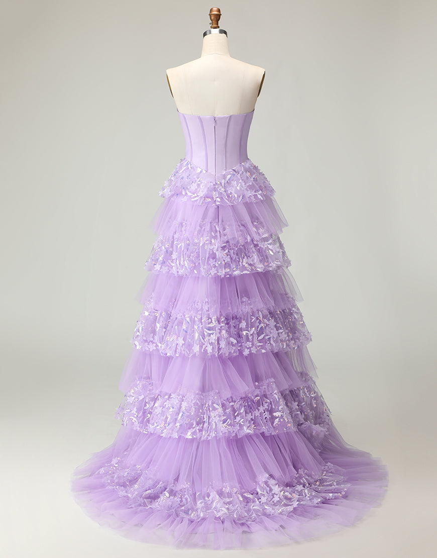 Sparkly Purple Corset A Line Strapless Long Prom Dress with Butterflies