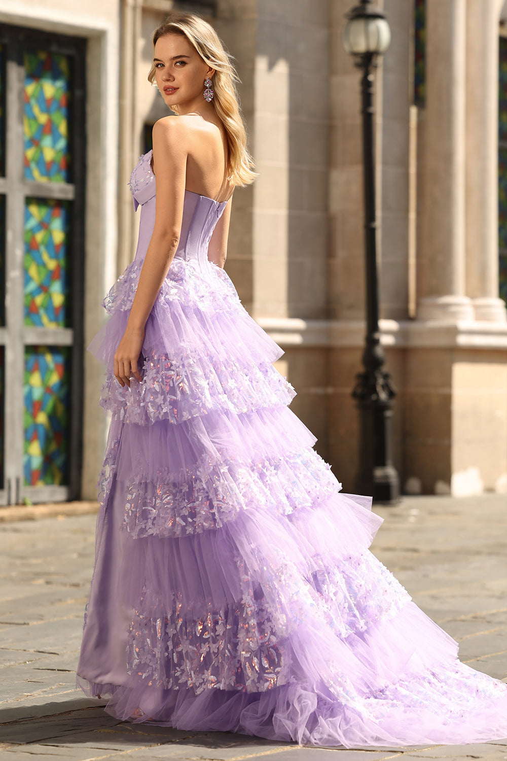 Sparkly Purple Corset A Line Strapless Long Prom Dress with Butterflies