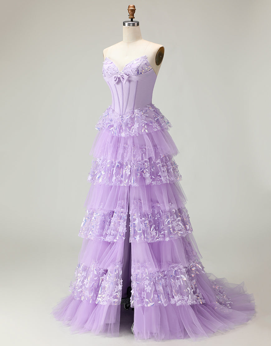 Sparkly Purple Corset A Line Strapless Long Prom Dress with Butterflies